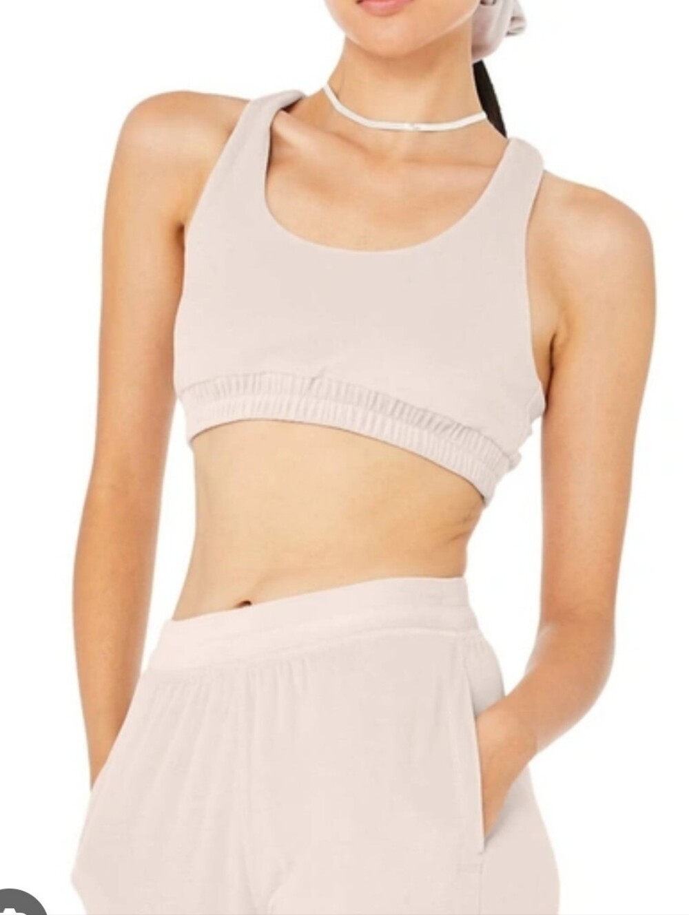 ALO YOGAVelour Glimmer Scoop Neck Bra In Dusty Pink In Beige nwt